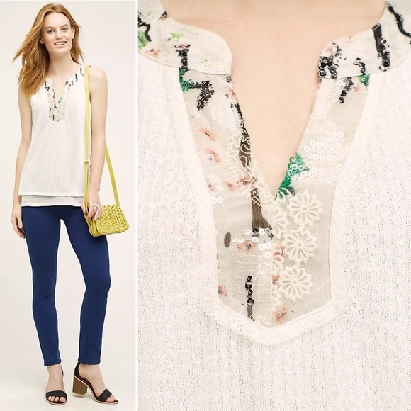 Anthropologie Tiny Cassia Tank Small blouse top white floral embroidered sequins - Picture 2 of 14